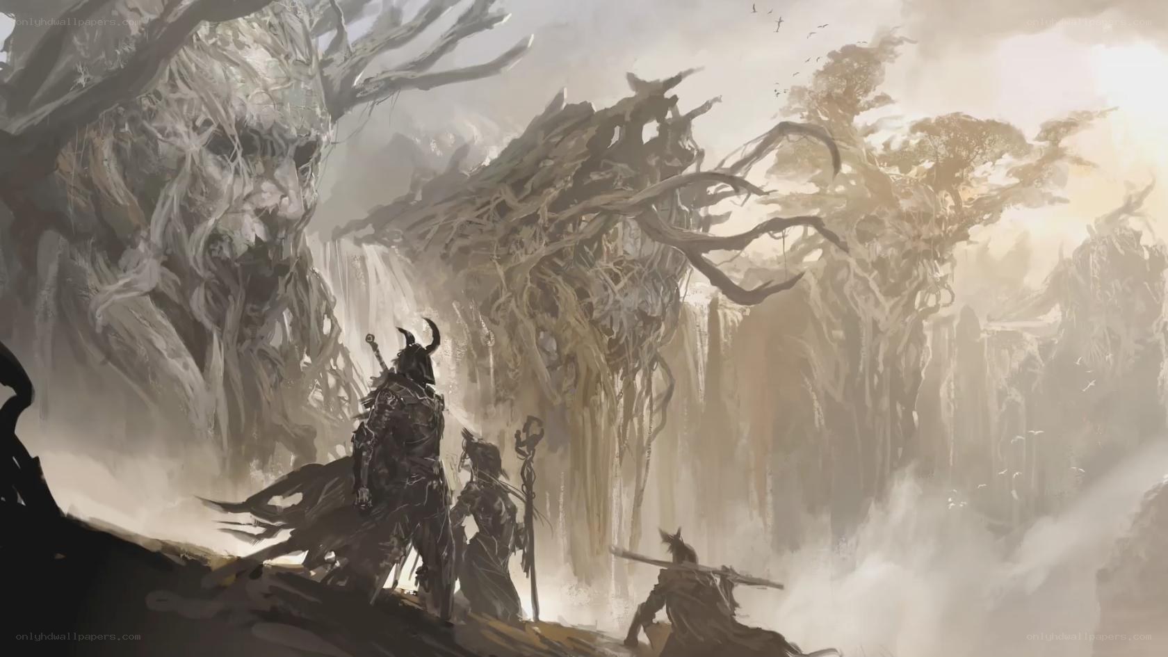 Warriors in a misty forest