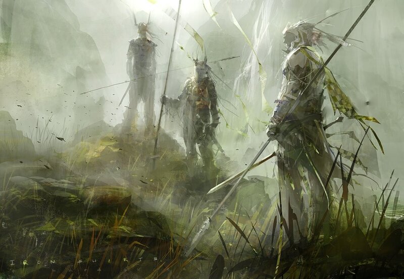 Warriors in a misty landscape