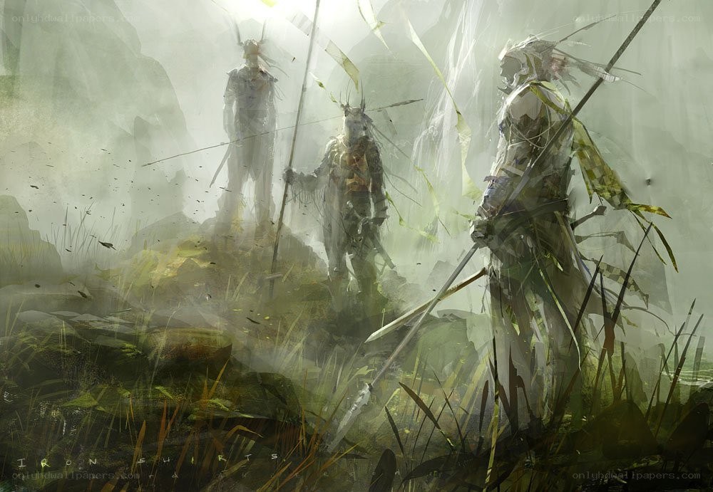 Warriors in a misty landscape