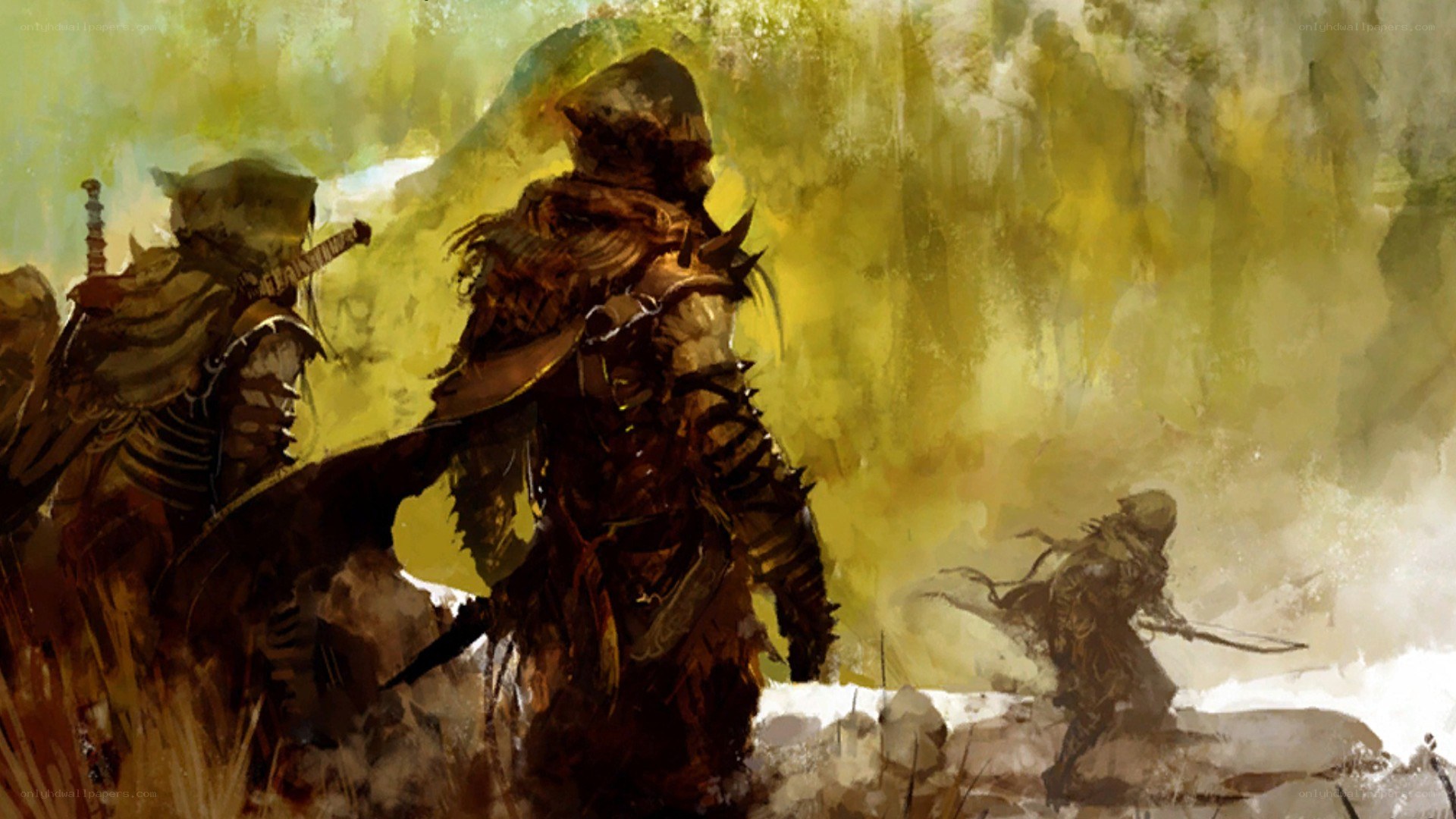 warriors in a misty landscape