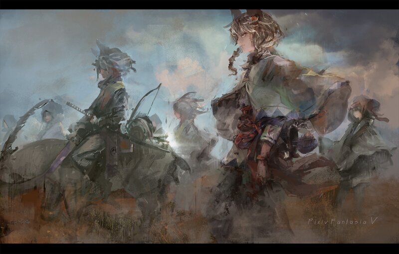 warriors in a stormy landscape