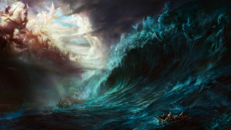 Warriors on Horseback — Blue, Dramatic, Digital Art