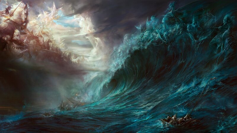 Warriors on Horseback — Blue, Dramatic, Digital Art, Wave