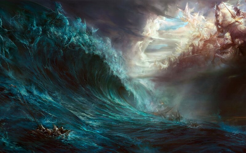 Warriors on Horseback — Blue, Dramatic, Digital Art, Waves