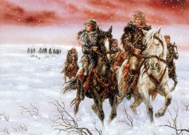 Warriors on horseback in snow