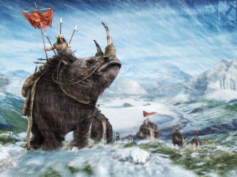 Warriors on mammoth in snowy landscape