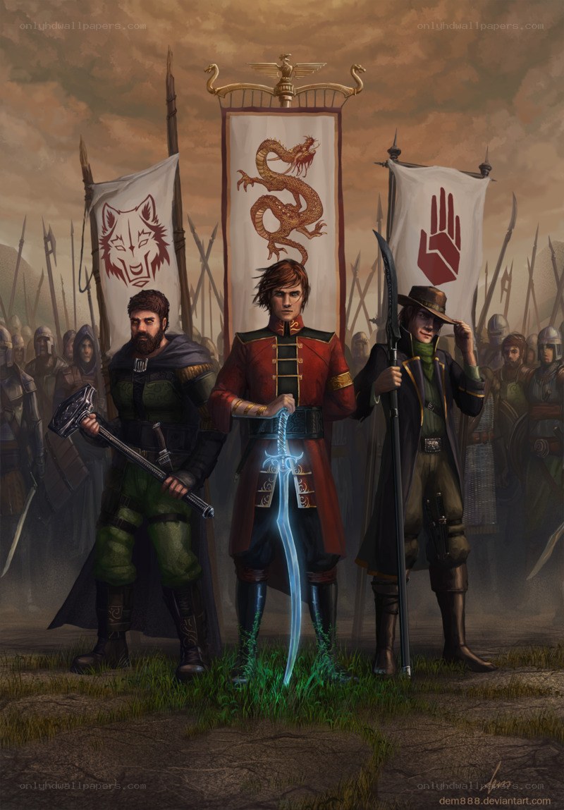 Warriors with banners and weapons