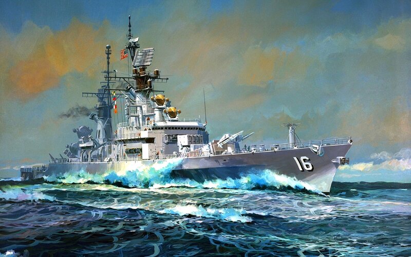 Warship at Sea — Blue, Dramatic, Afternoon