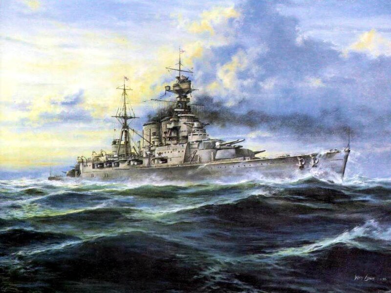 Warship at Sea — Blue, Dramatic, Sunset