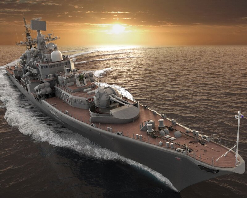 Warship at Sea — Gray, Dramatic, Sunset