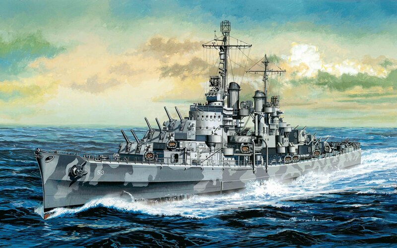 Warship at sea in camouflage