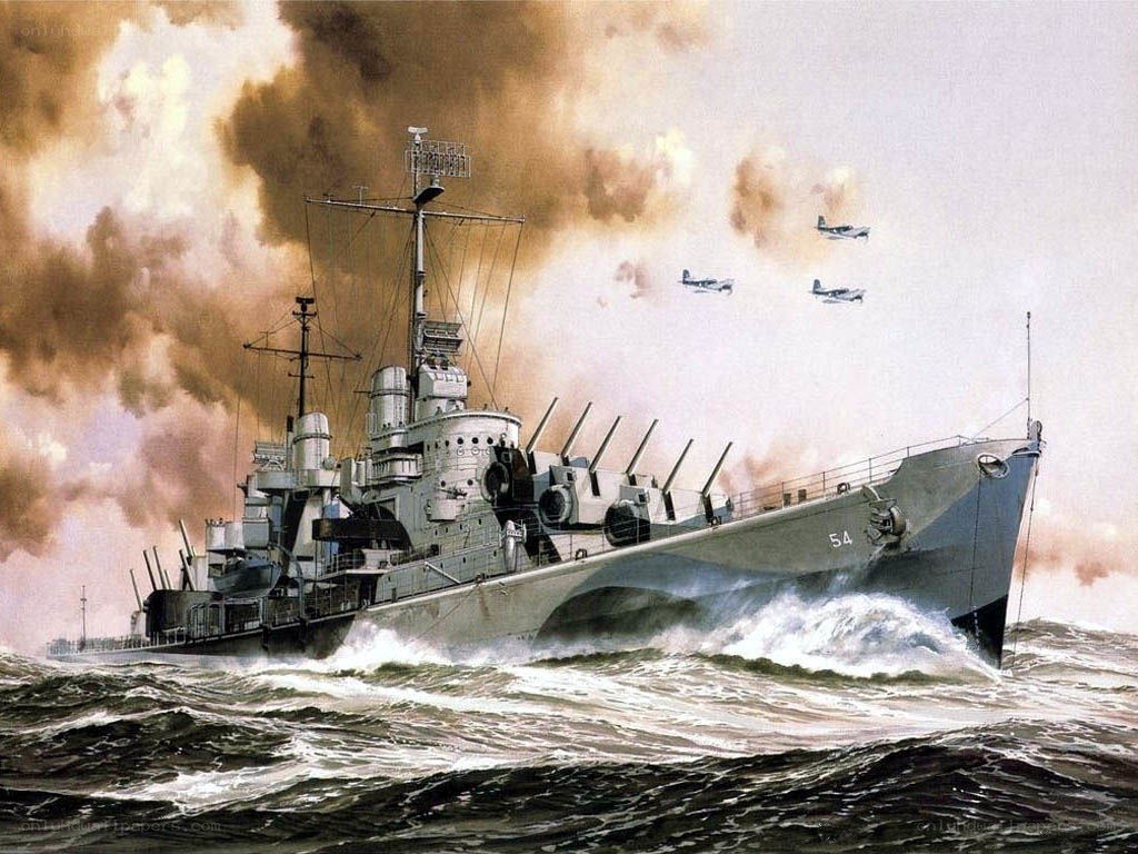 Warship at sea in combat