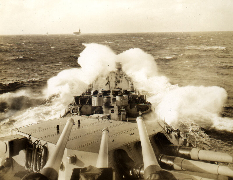 Warship at sea in rough weather