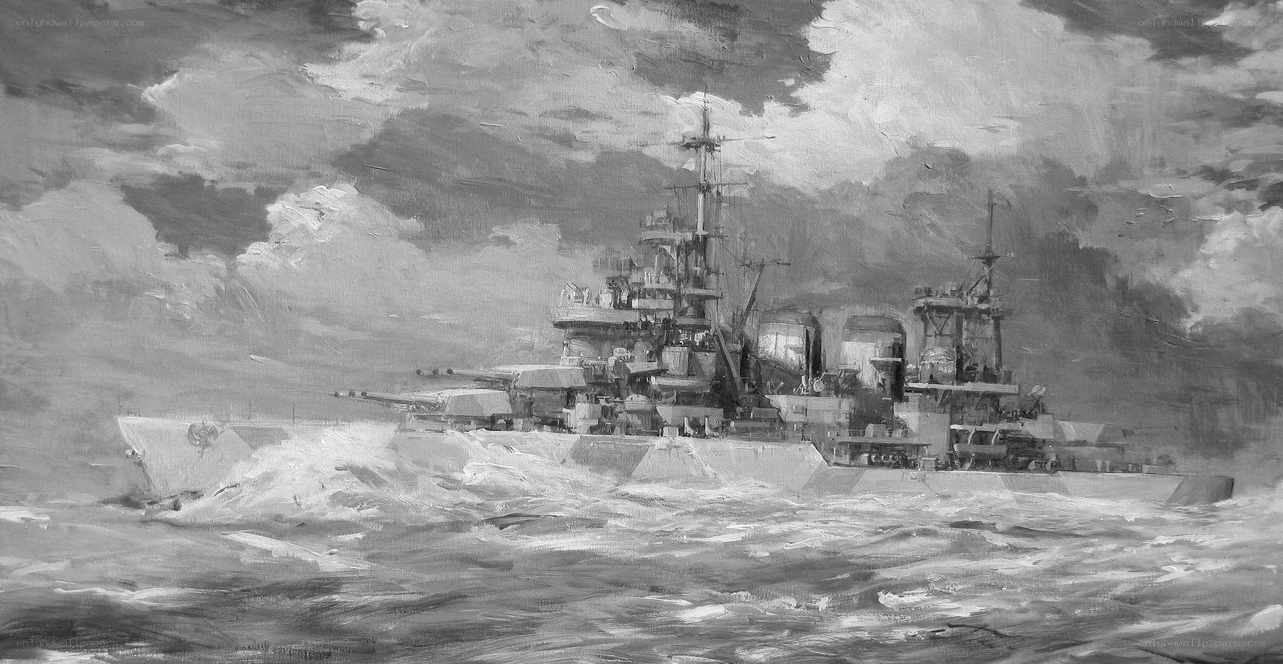 Warship at sea in storm