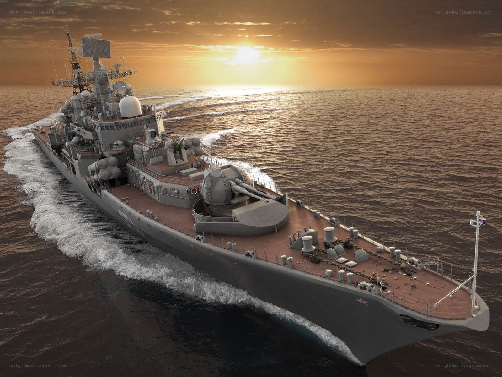 Warship at sunset on the ocean