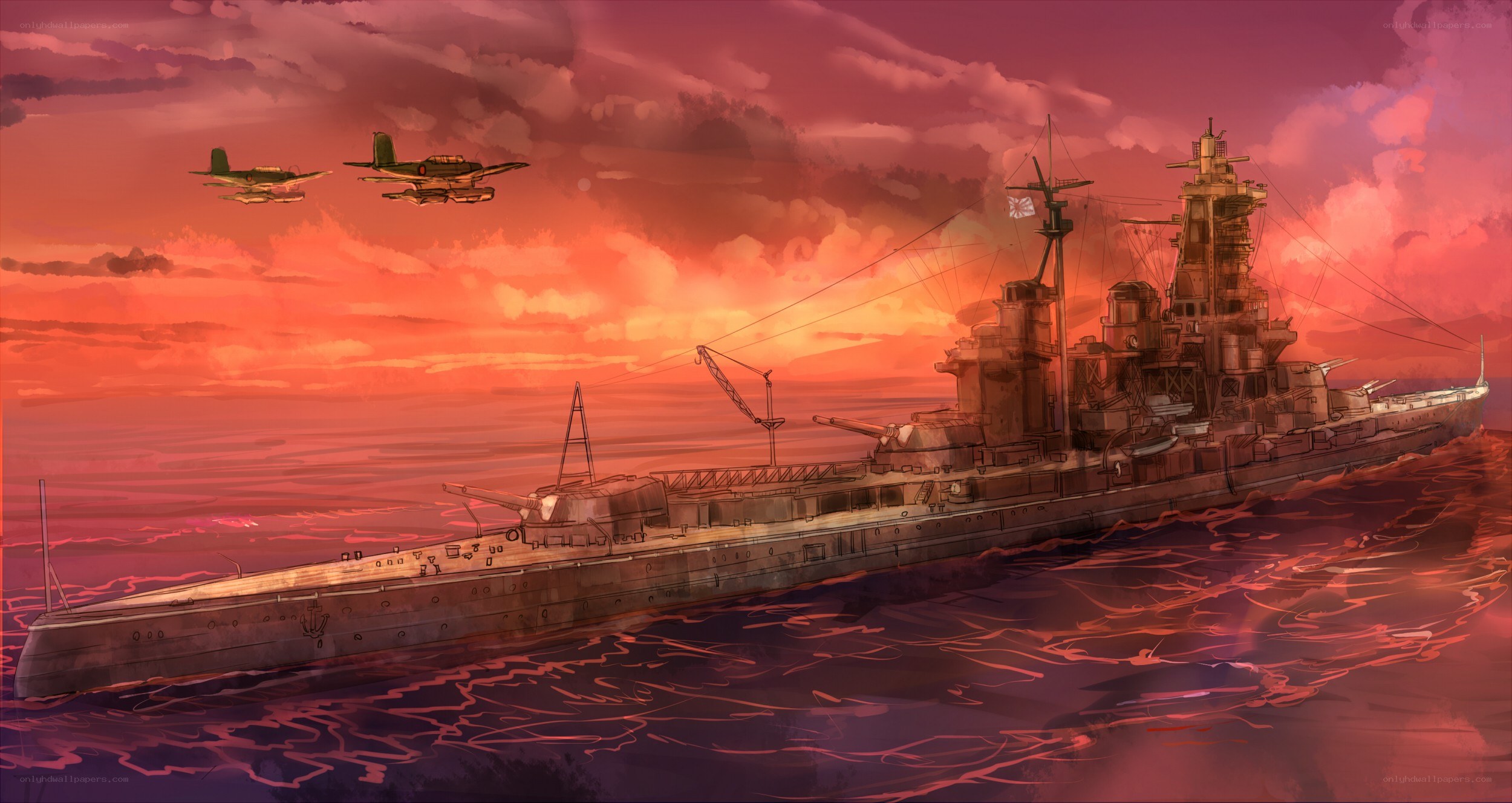 Warship at sunset with planes