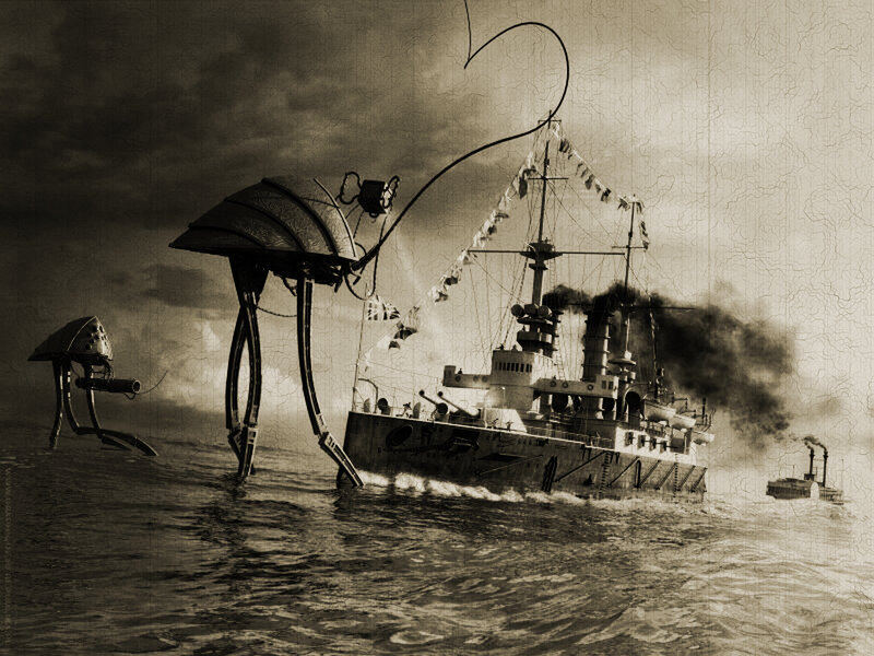 Warship attacked by giant robots