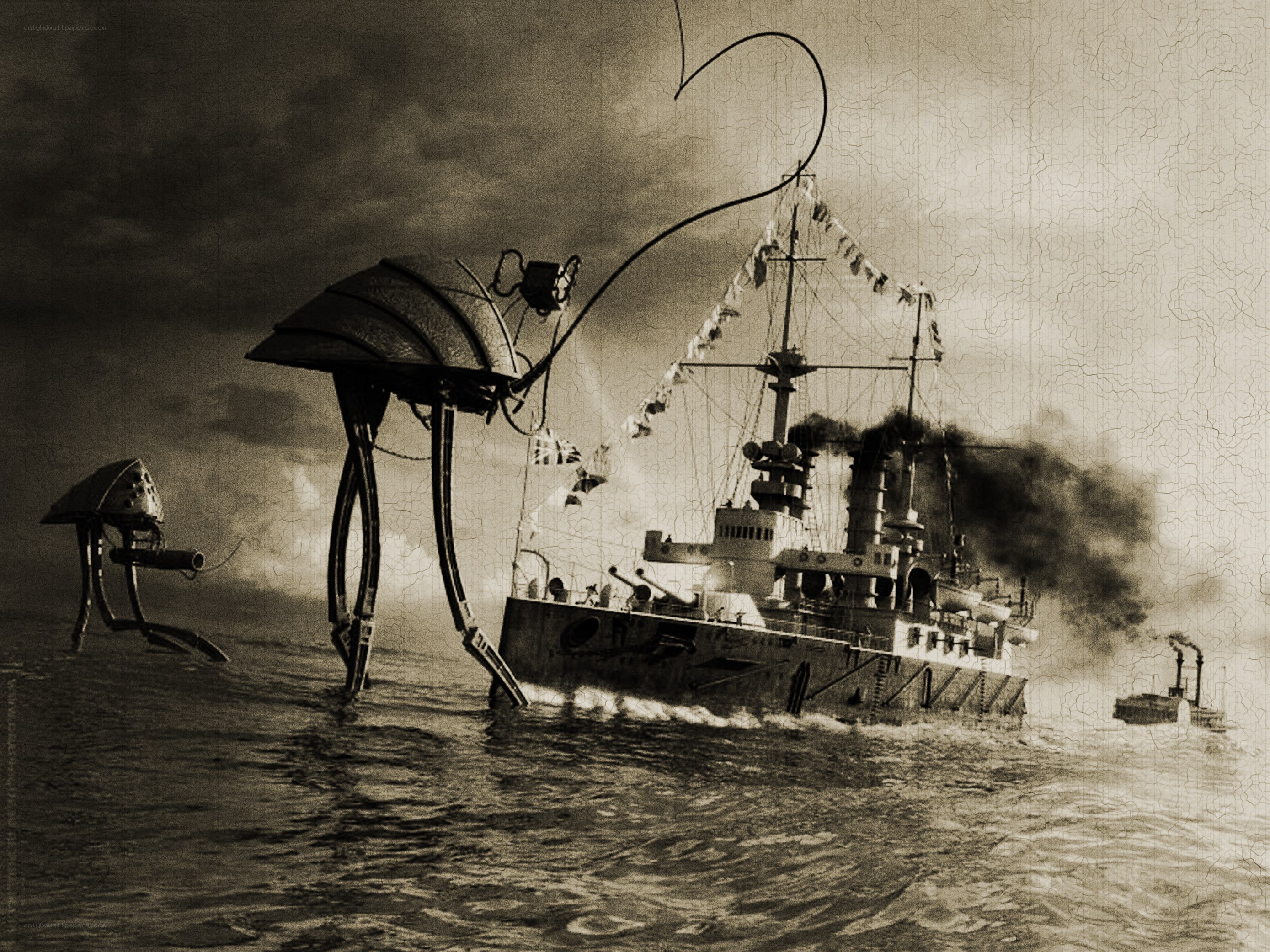 Warship attacked by giant robots
