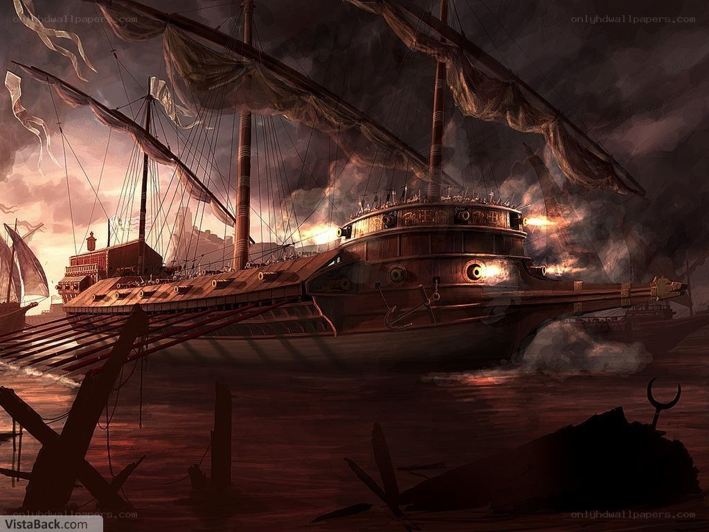 Warship in a stormy harbor
