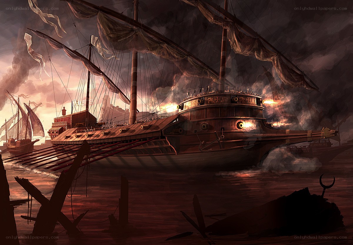 Warship in a stormy harbor