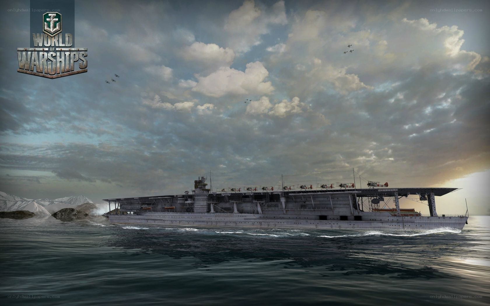 Warship in cloudy sea