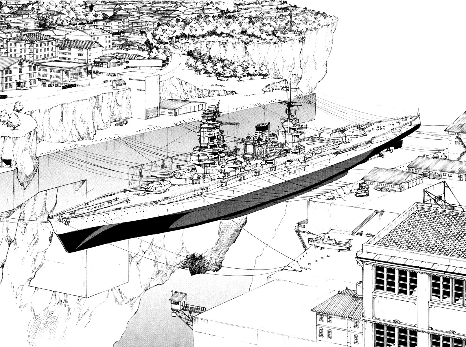 warship in coastal town