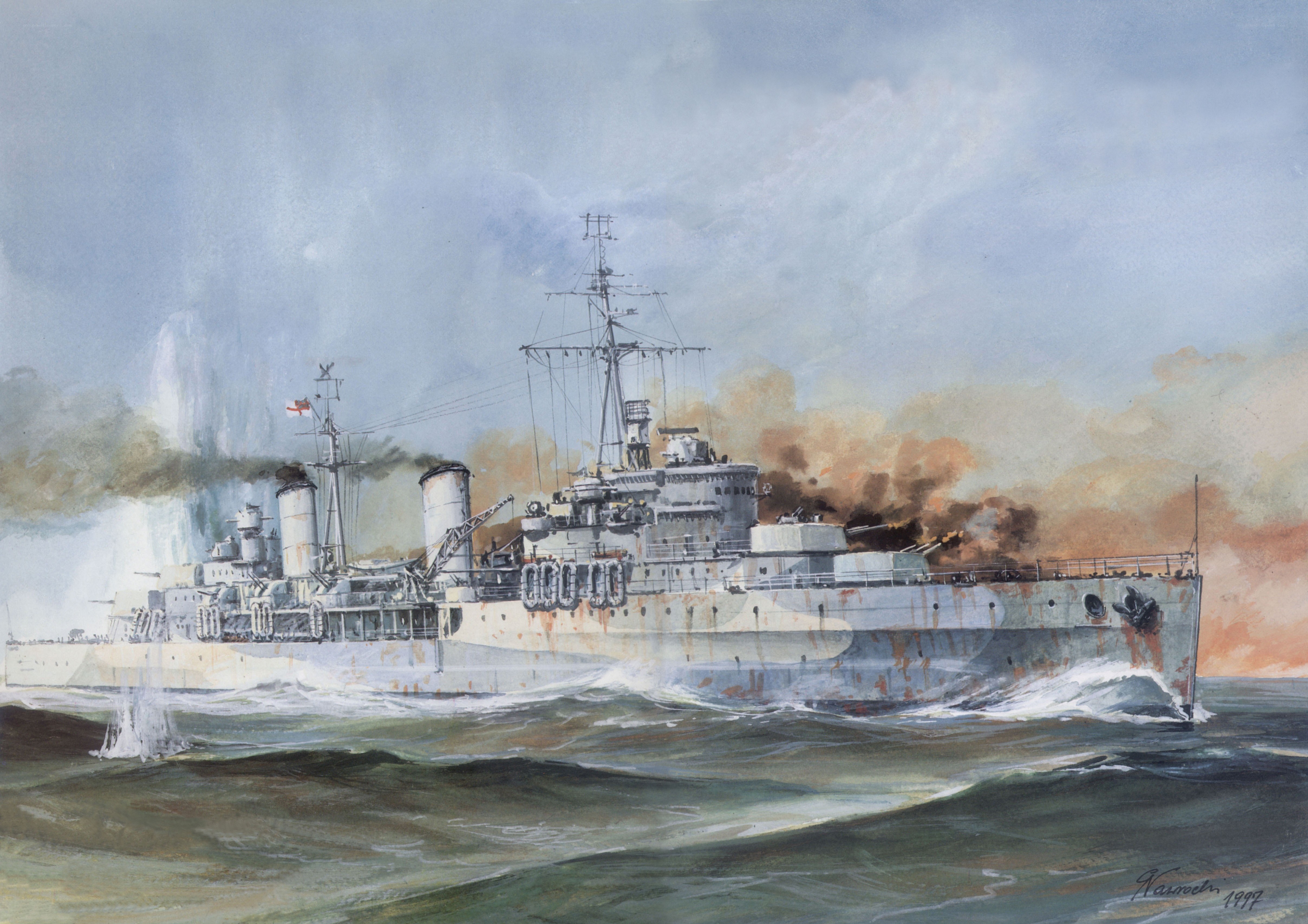 Warship in combat at sea