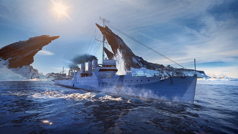 Warship in Icy Waters — Blue, Dramatic