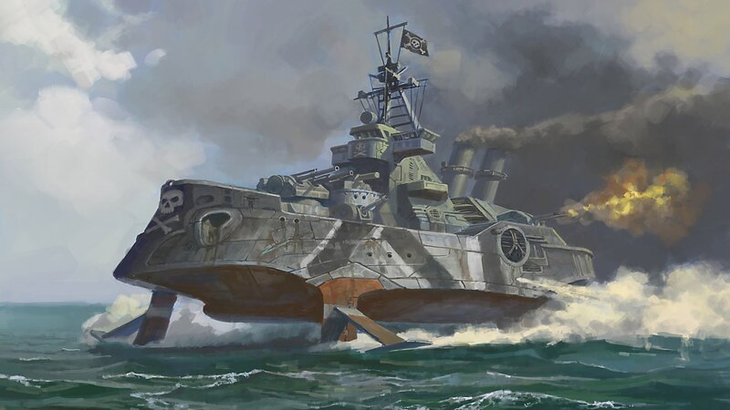 Warship in Ocean — Gray
