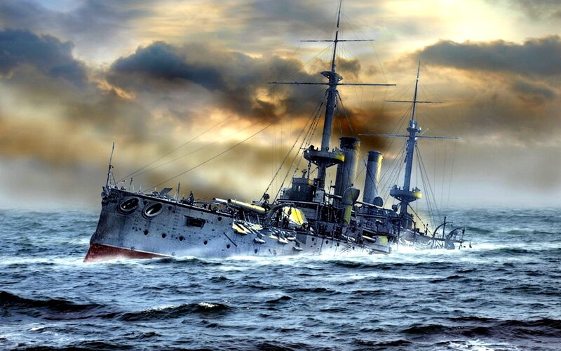 Warship in Rough Sea