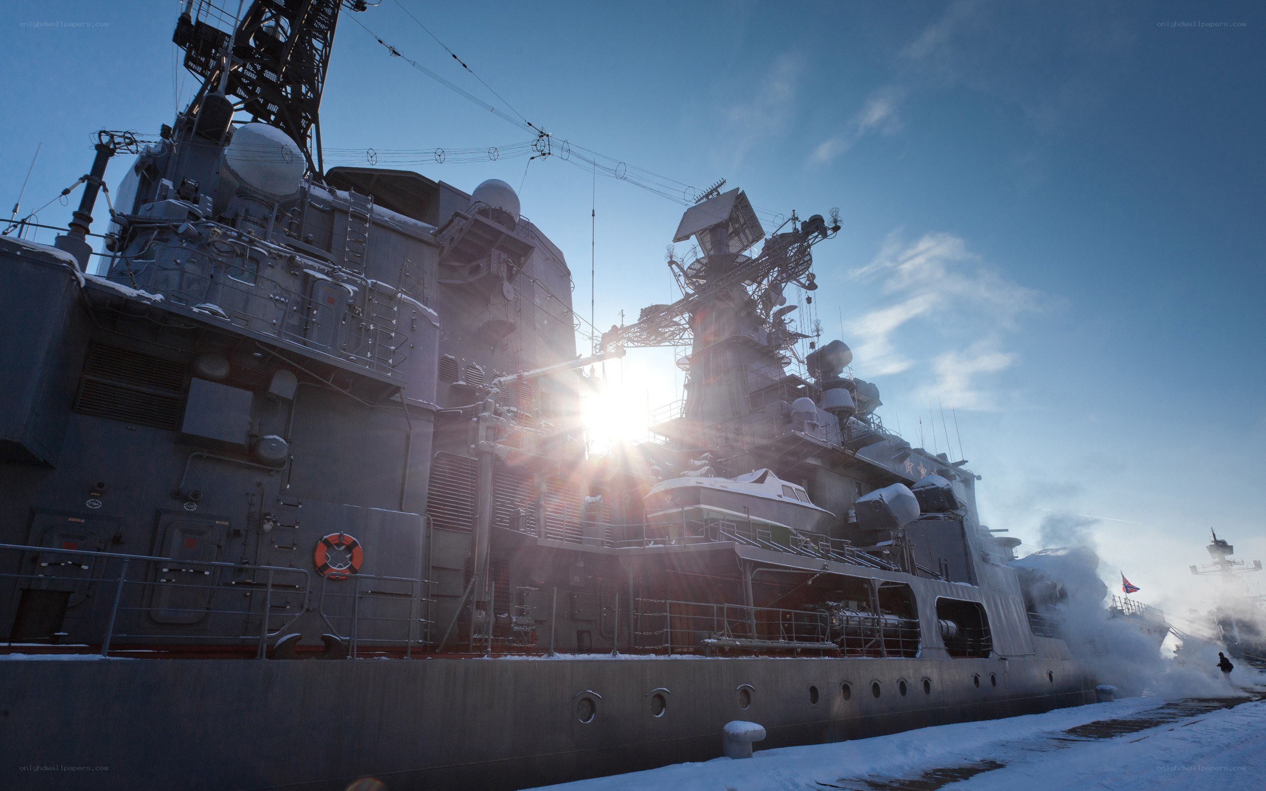 Warship in snowy port