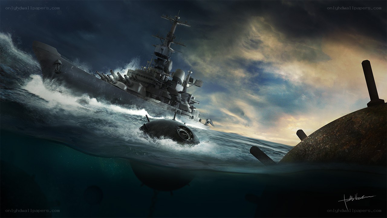 Warship in stormy sea