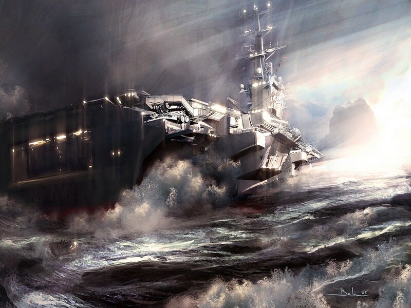 Warship in stormy sea