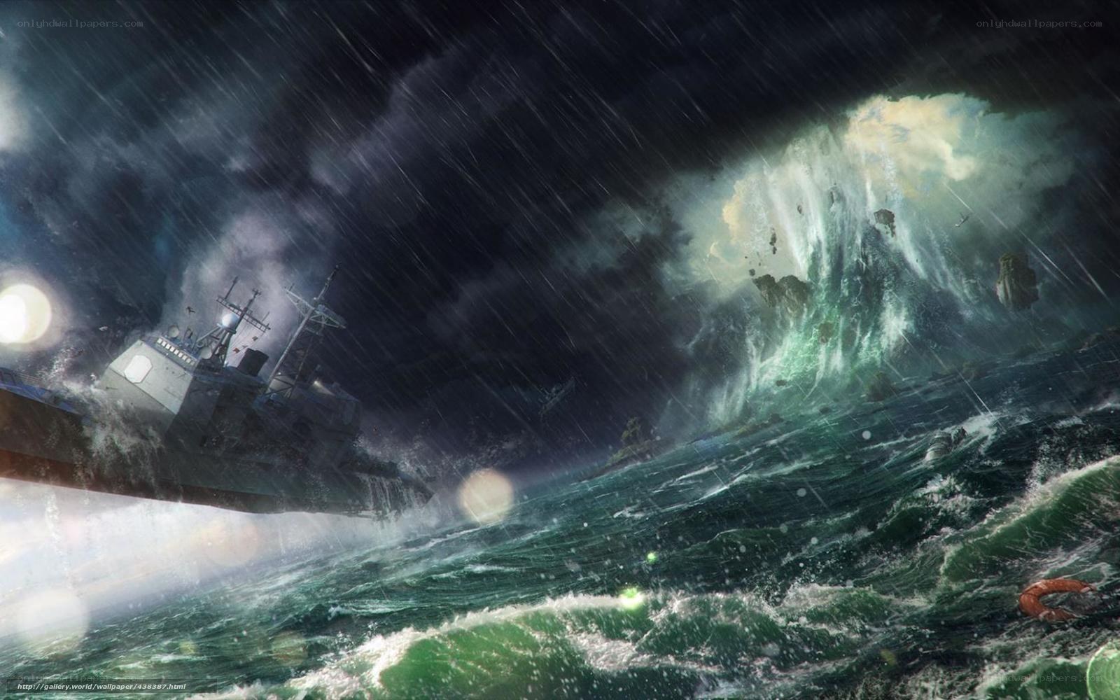 Warship in stormy sea