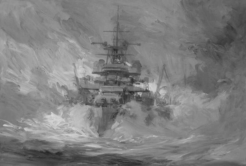 Warship in stormy sea