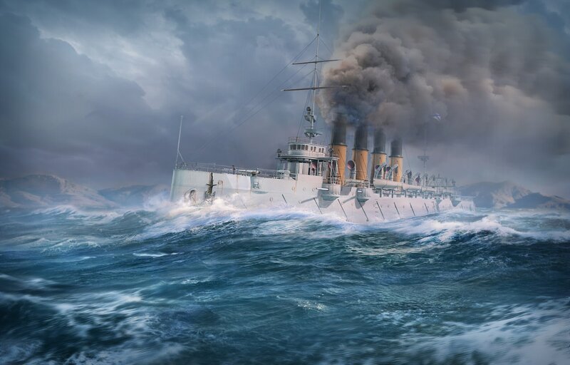 Warship in Stormy Sea — Blue, Dramatic, Digital Art