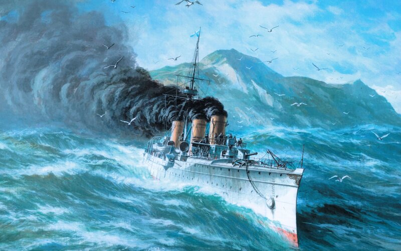 Warship in Stormy Sea — Blue, Dramatic