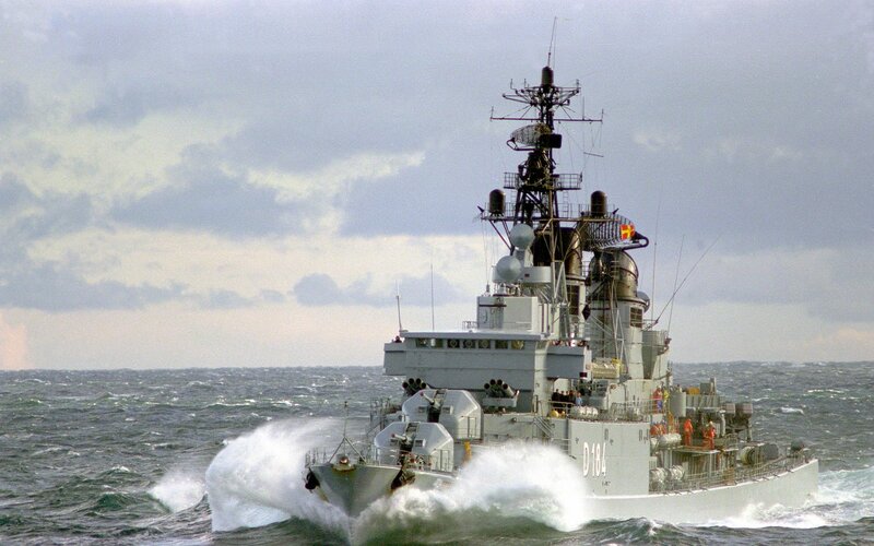Warship navigating rough seas