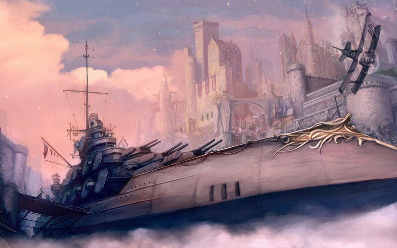 Warship near a castle city