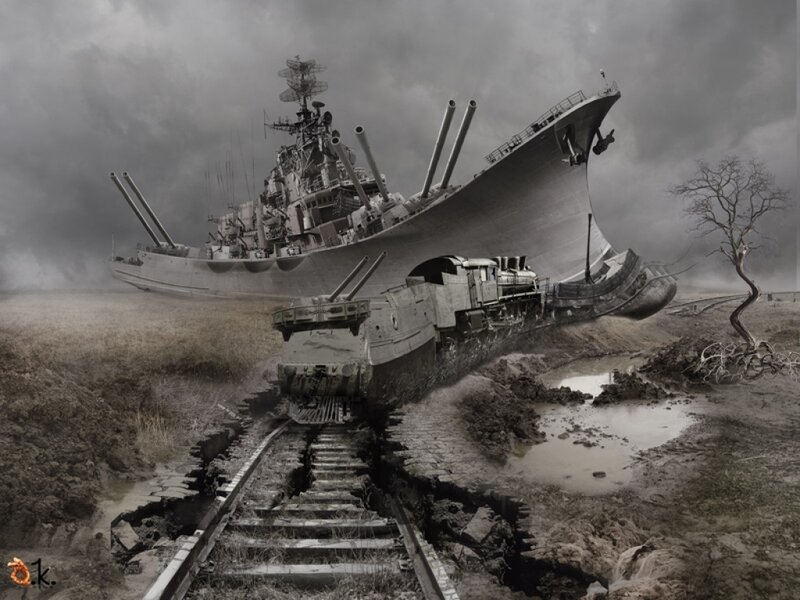 Warship on a broken railway