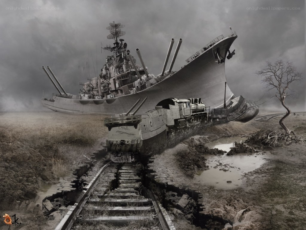 Warship on a broken railway