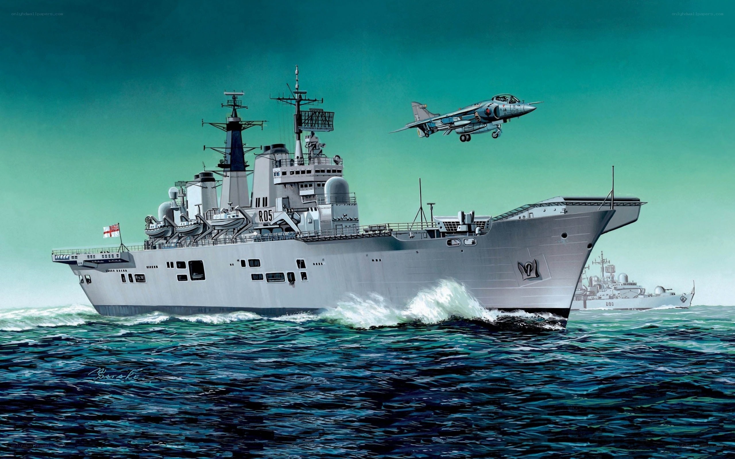 Warship with jet aircraft