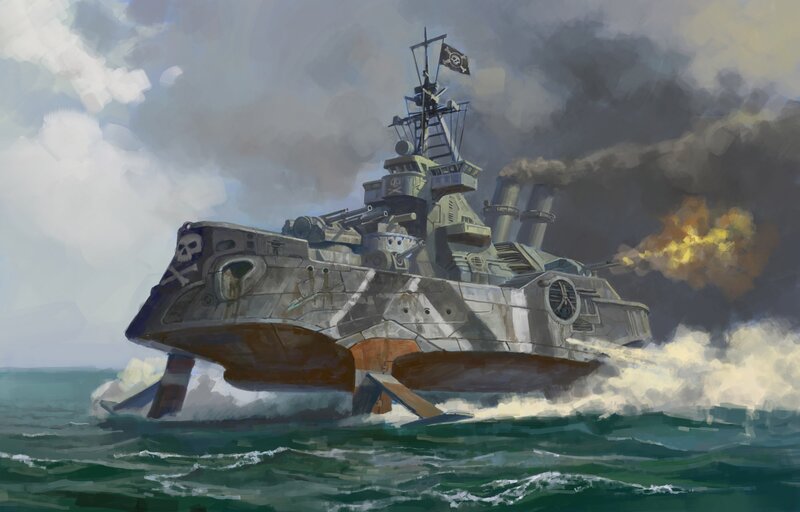 Warship with skull flag