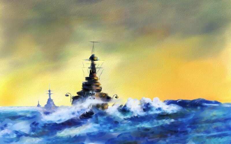 Warships at Sea — Blue, Dramatic, Sunset
