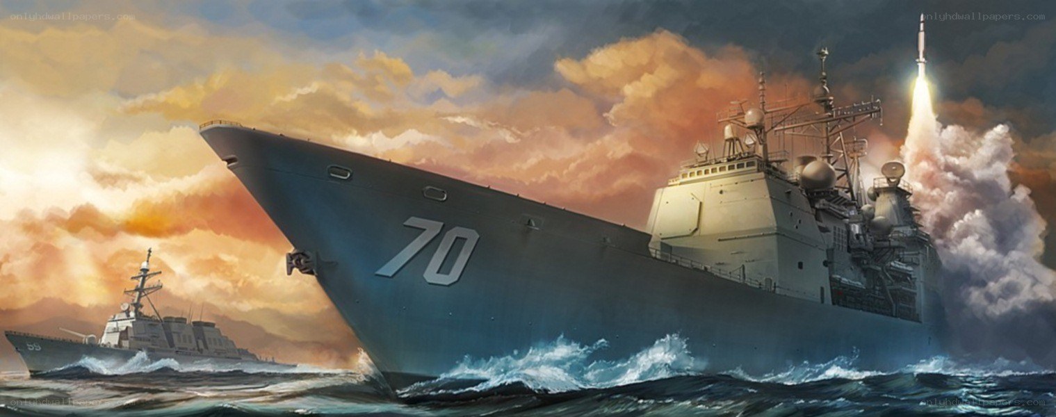 Warships launching missiles