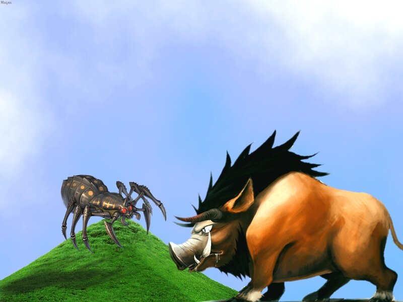 Warthog and mechanical spider