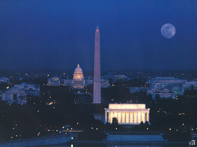 Washington D.C. at night with moon