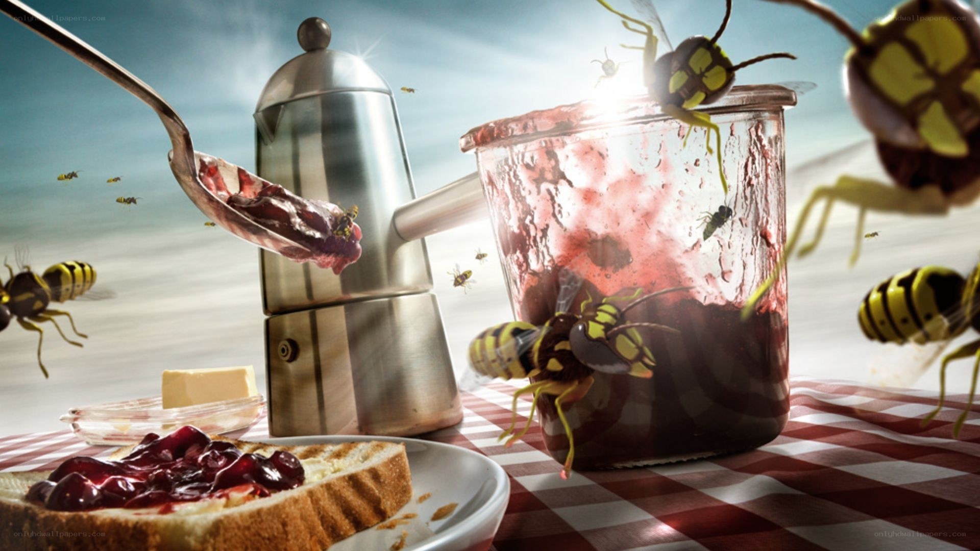 Wasps swarm over jam and toast