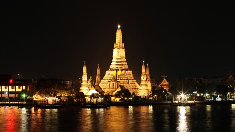 Wat Arun Temple at Night — Black, Serene, Photograph