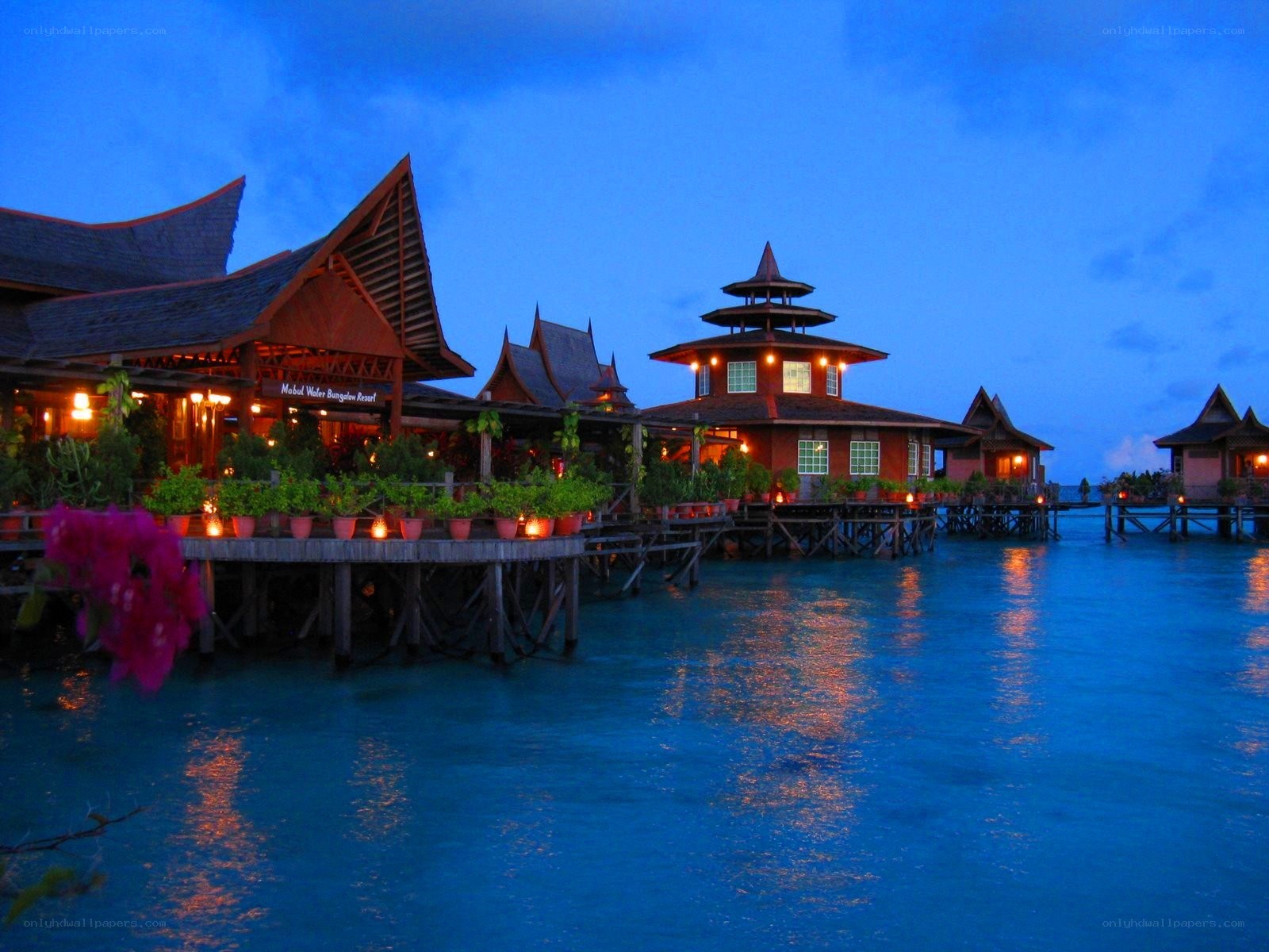 Water bungalows at dusk